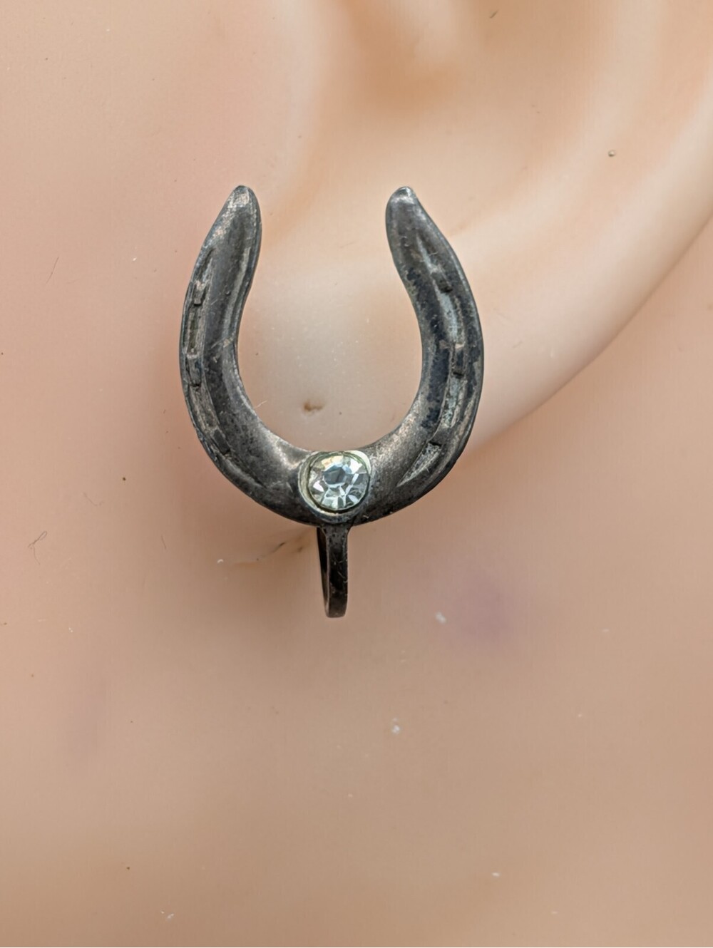 Vintage Horseshoe Screwback Earrings Sterling Silver Clear Rhinestone Equestrian